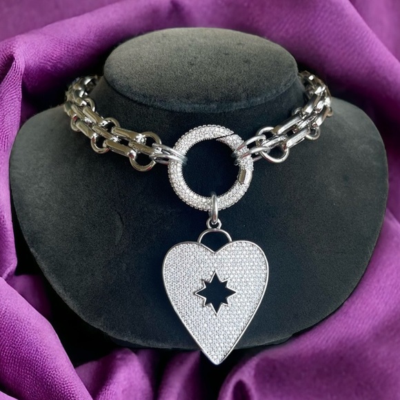 Two looks stainless steel choker heart necklace cz rhinestones boho st valentine - Picture 9 of 16